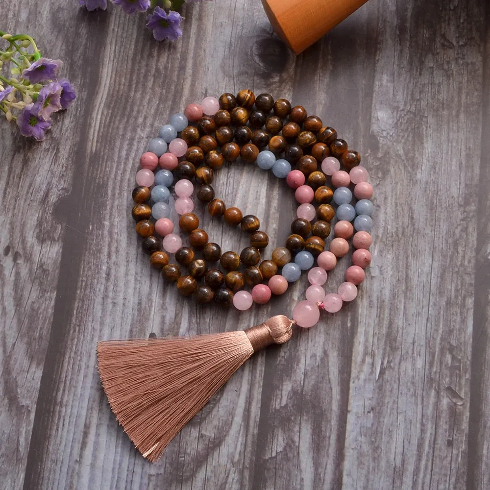 8mm Yellow Tiger Eye Rose Quartz Aquamarine Beads 108 Mala Necklace