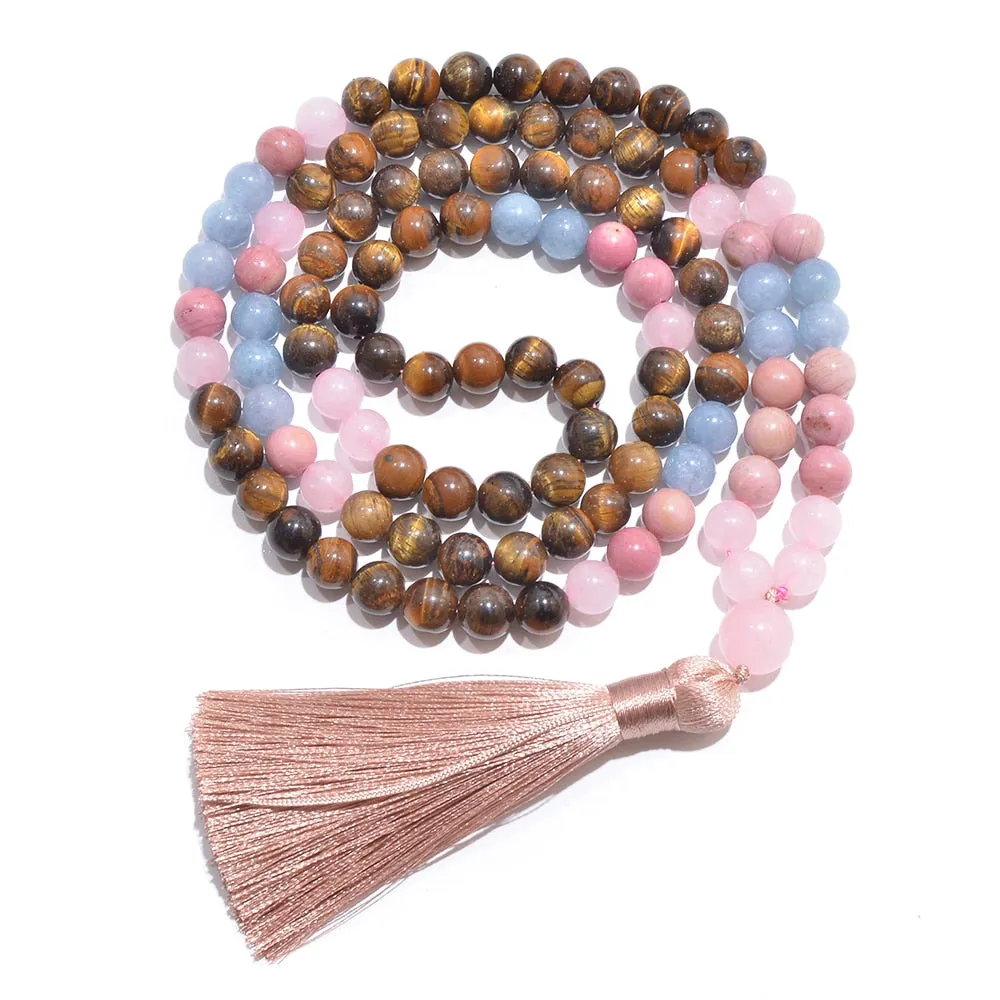8mm Yellow Tiger Eye Rose Quartz Aquamarine Beads 108 Mala Necklace