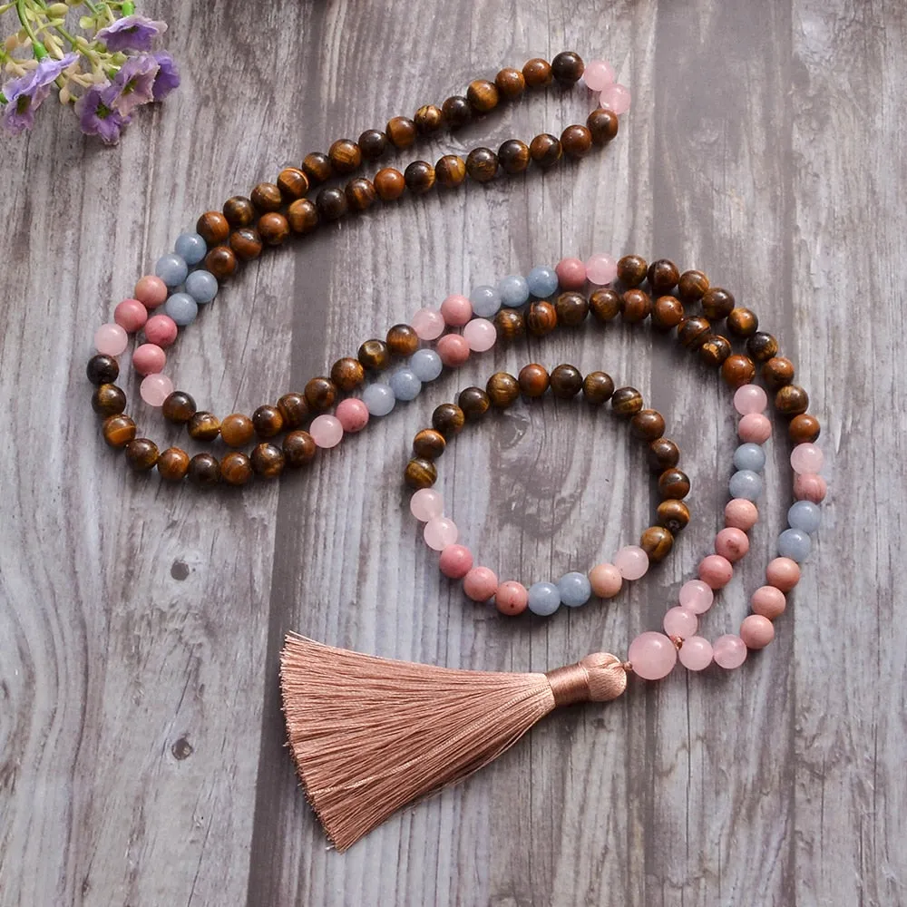 8mm Yellow Tiger Eye Rose Quartz Aquamarine Beads 108 Mala Necklace