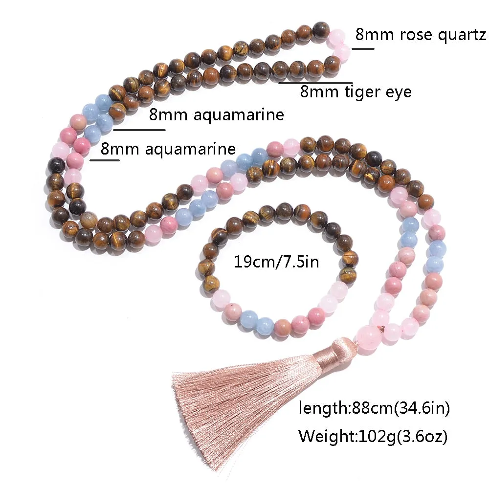 8mm Yellow Tiger Eye Rose Quartz Aquamarine Beads 108 Mala Necklace