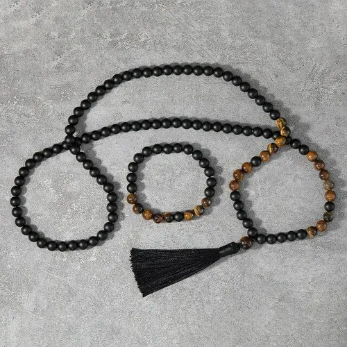 8mm Yellow Tigers Eye, Matte Black Onyx, Japamala Sets, Spiritual Yoga