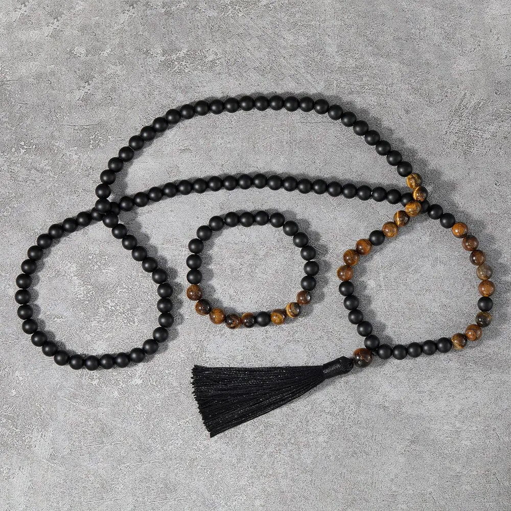 8mm Yellow Tigers Eye, Matte Black Onyx, Japamala Sets, Spiritual Yoga