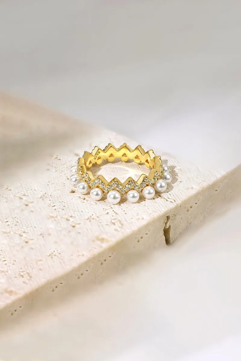 925 Sterling Silver Full Pearl 5A Cubic Zirconia Crown Shaped Ring