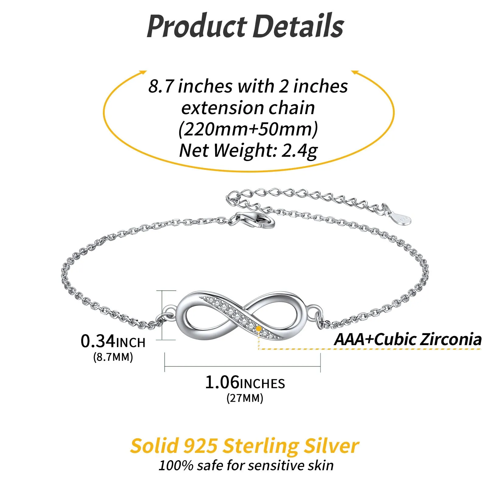 925 Sterling Silver Infinity Anklet With Cubic Zirconia