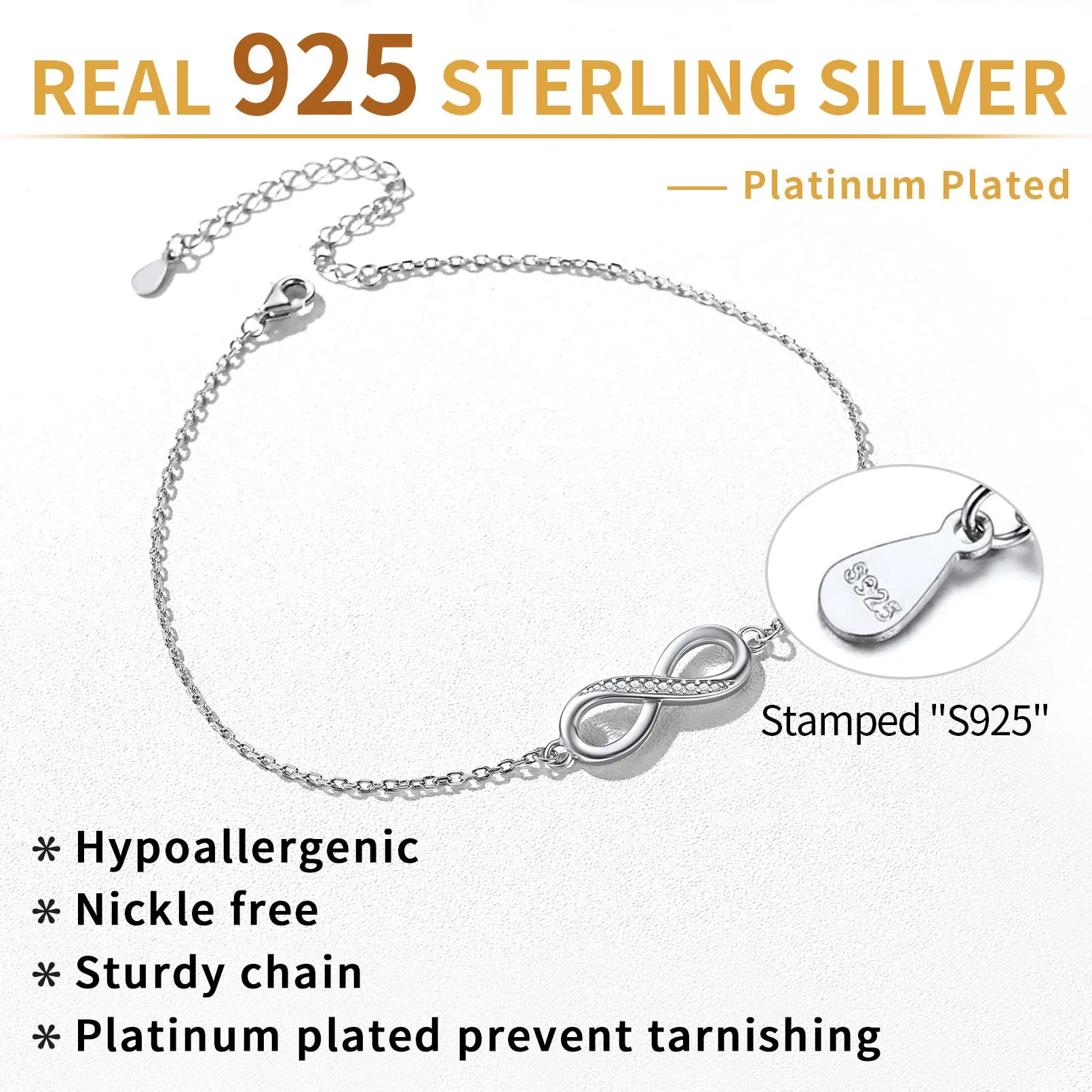 925 Sterling Silver Infinity Anklet With Cubic Zirconia