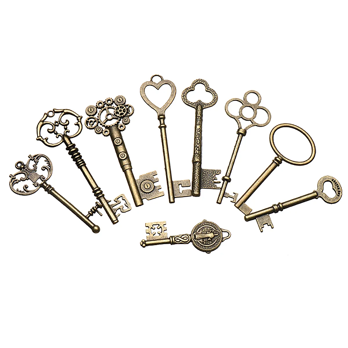 9Pcs Big Large Antique Vtgold Brass Skeleton Keys Lot Cabinet Barrel Lock Keyfobs