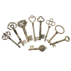 9Pcs Big Large Antique Vtgold Brass Skeleton Keys Lot Cabinet Barrel Lock Keyfobs