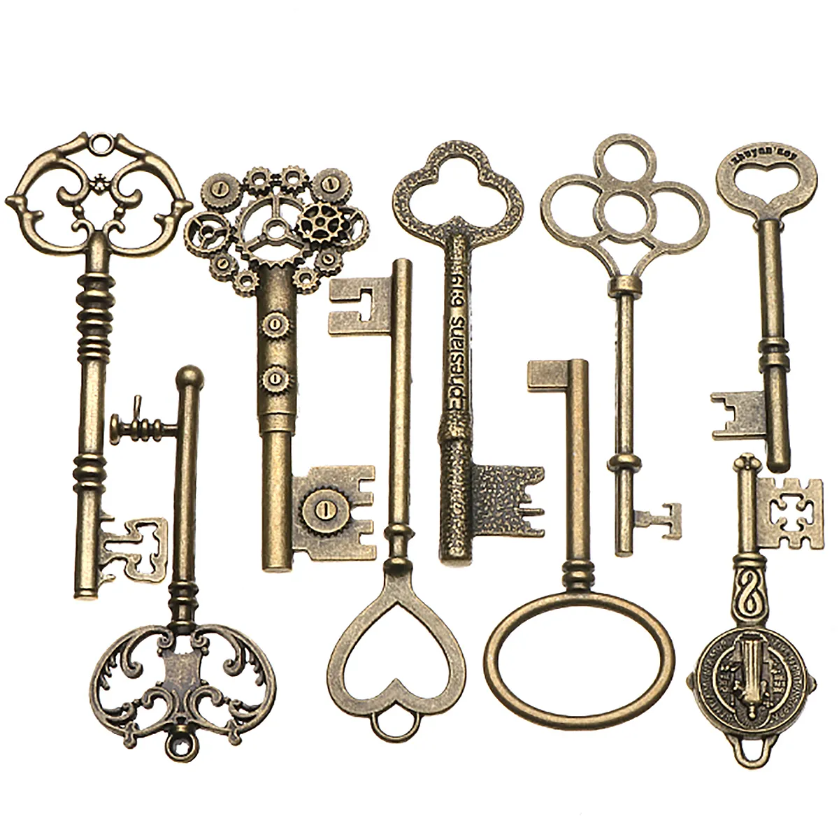 9Pcs Big Large Antique Vtgold Brass Skeleton Keys Lot Cabinet Barrel Lock Keyfobs