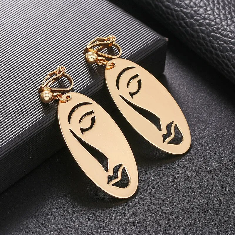 Abstract Stylish Hollow Out Face Earrings Clip Girls Statement clip Earrings