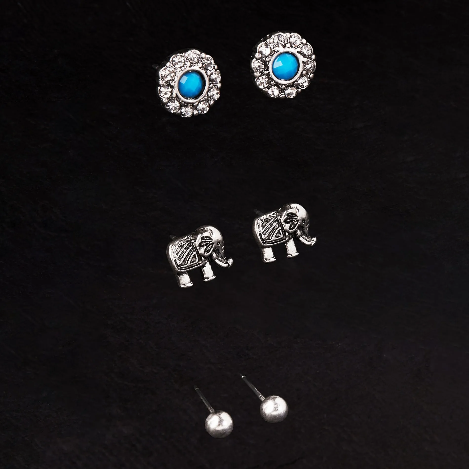 Accessorize London Women's Silver Set of 3 Elephant Stud Earring pack