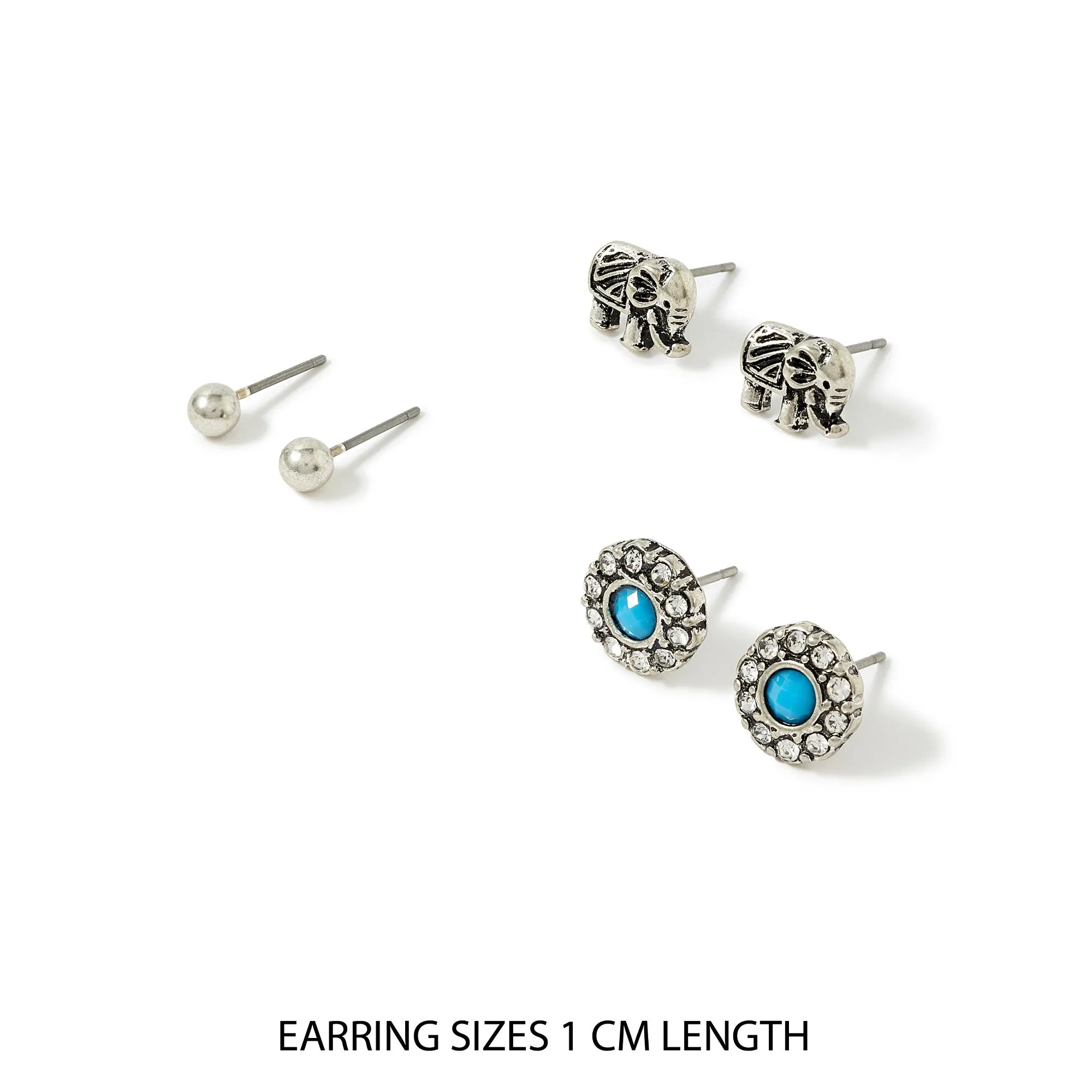 Accessorize London Women's Silver Set of 3 Elephant Stud Earring pack
