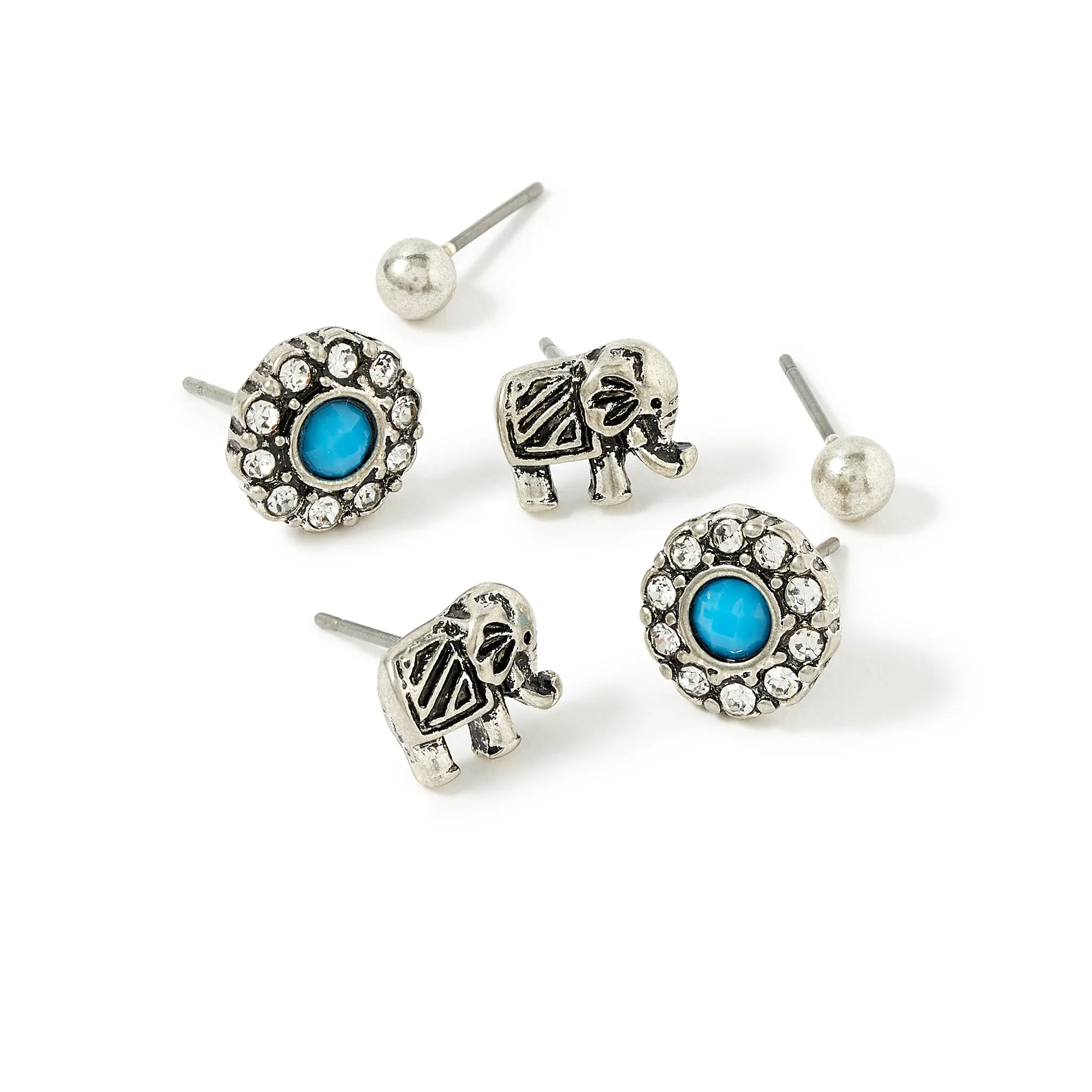 Accessorize London Women's Silver Set of 3 Elephant Stud Earring pack