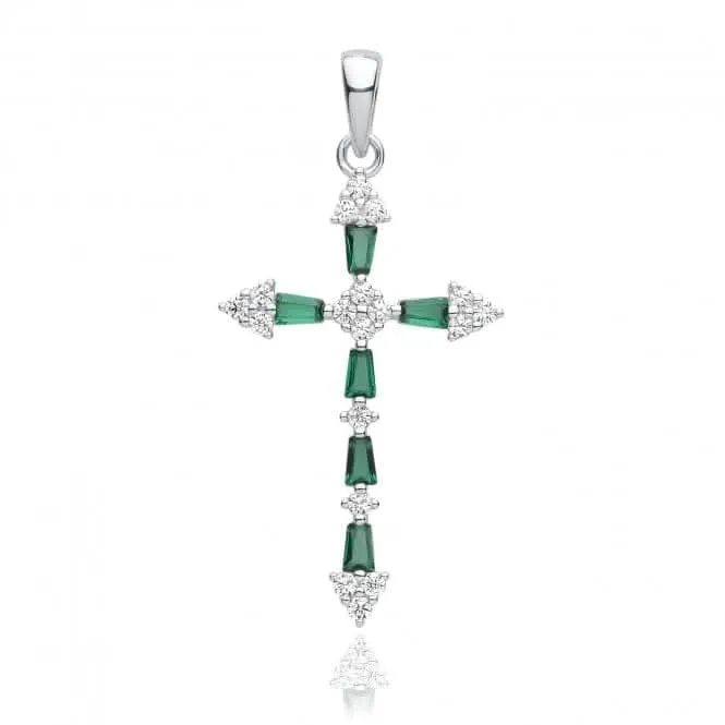 Acotis Silver Pendant Rhodium Plated Zirconia Cross Green G61131E