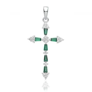 Acotis Silver Pendant Rhodium Plated Zirconia Cross Green G61131E