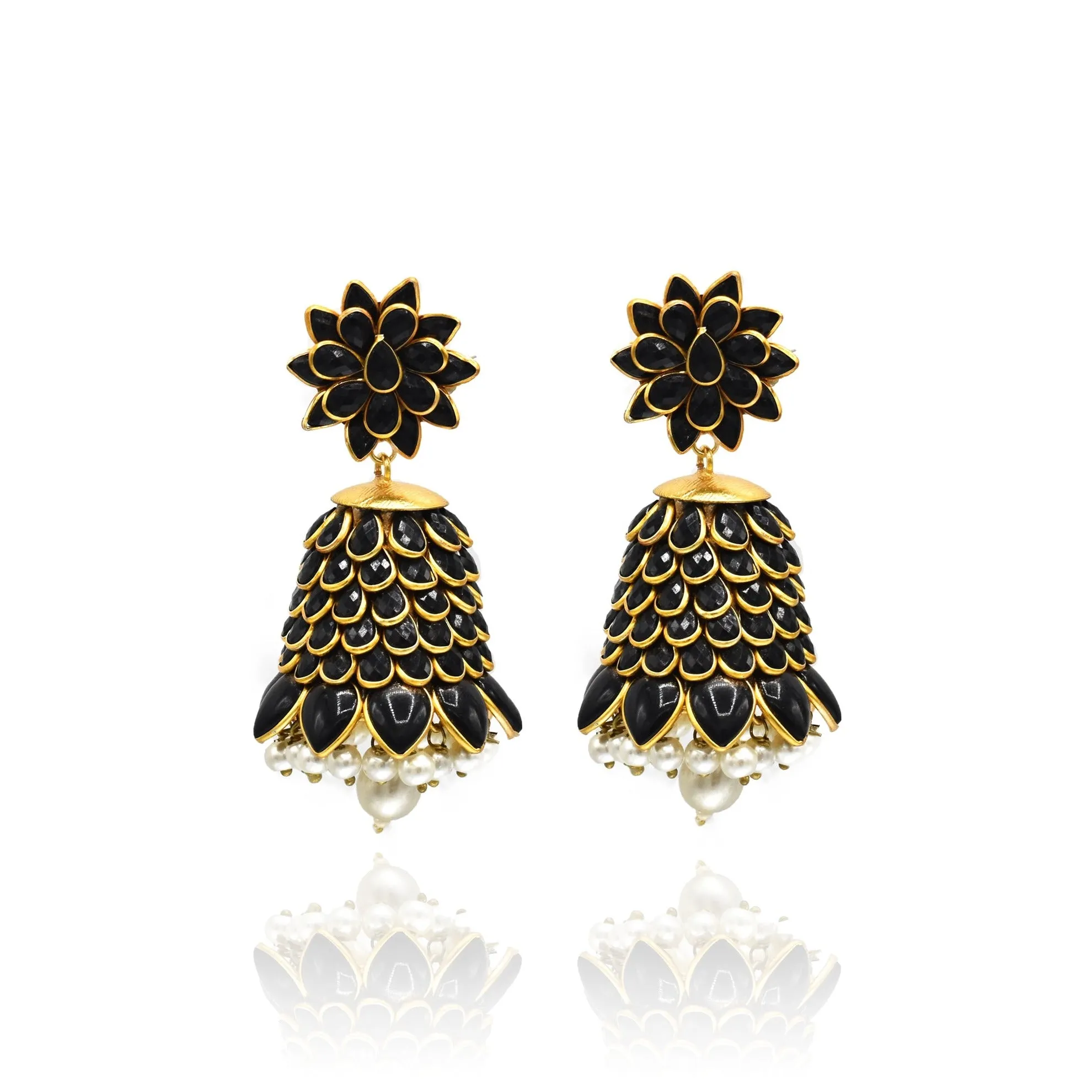 Alia Flower Jhumka Earrings - Black