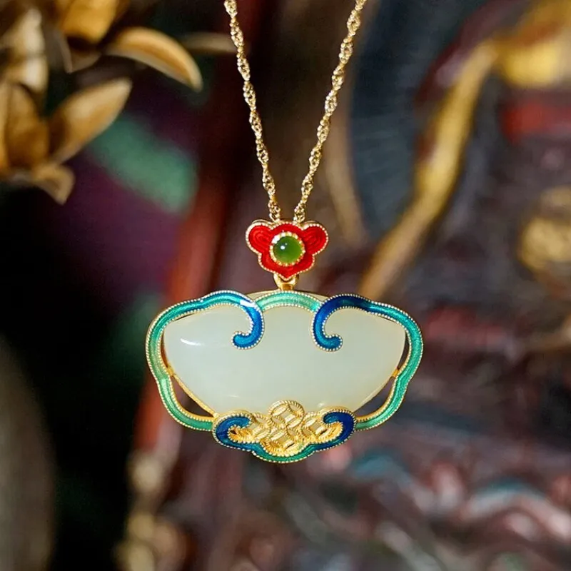 Ancient Gold Craft Natural Hotan White Jade Classic Ruyi Enamel Pendant Necklace