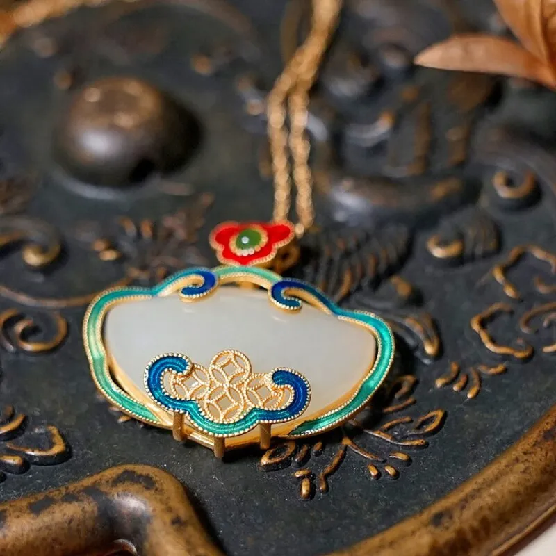 Ancient Gold Craft Natural Hotan White Jade Classic Ruyi Enamel Pendant Necklace
