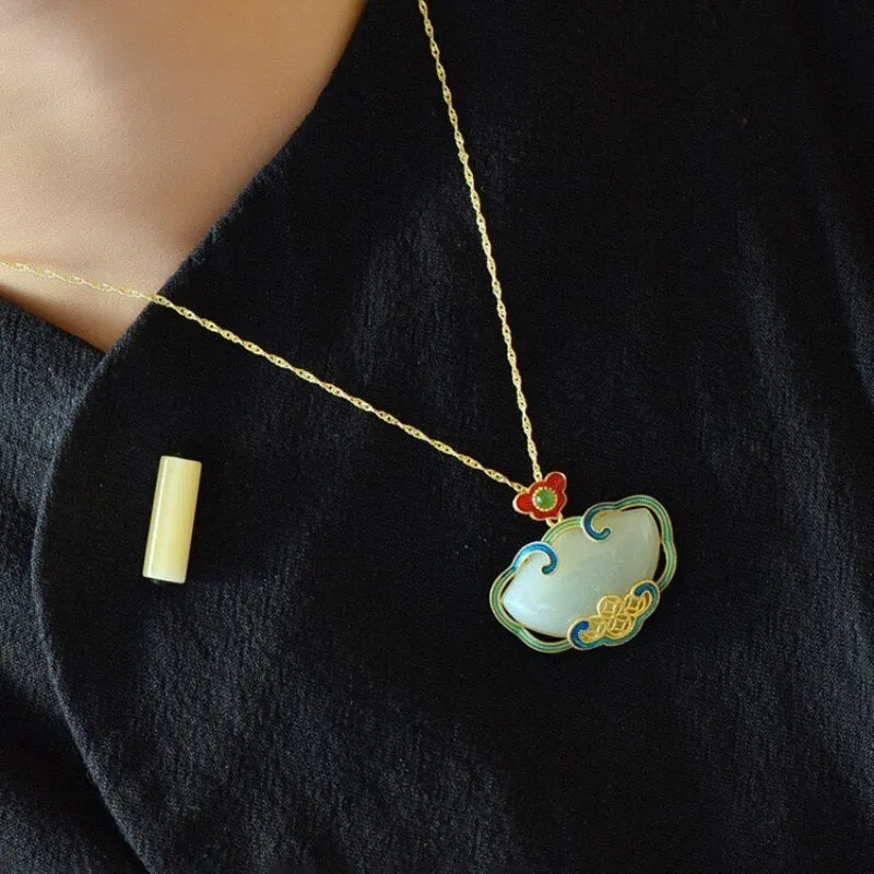 Ancient Gold Craft Natural Hotan White Jade Classic Ruyi Enamel Pendant Necklace