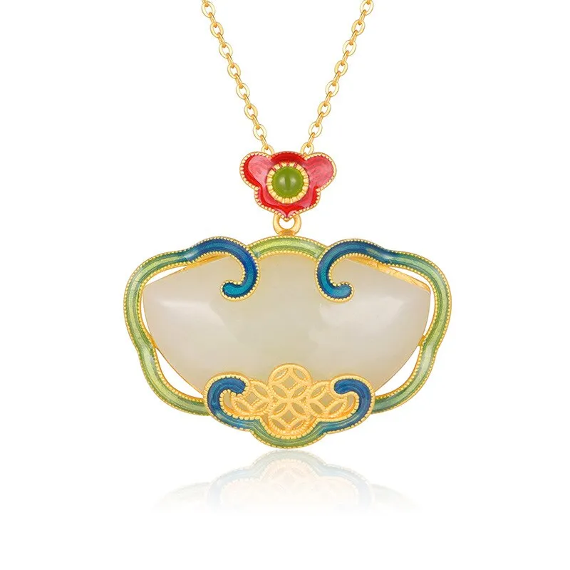 Ancient Gold Craft Natural Hotan White Jade Classic Ruyi Enamel Pendant Necklace
