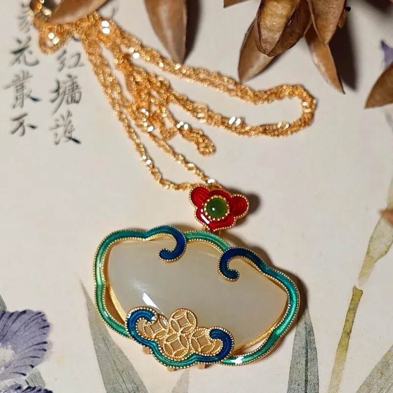 Ancient Gold Craft Natural Hotan White Jade Classic Ruyi Enamel Pendant Necklace