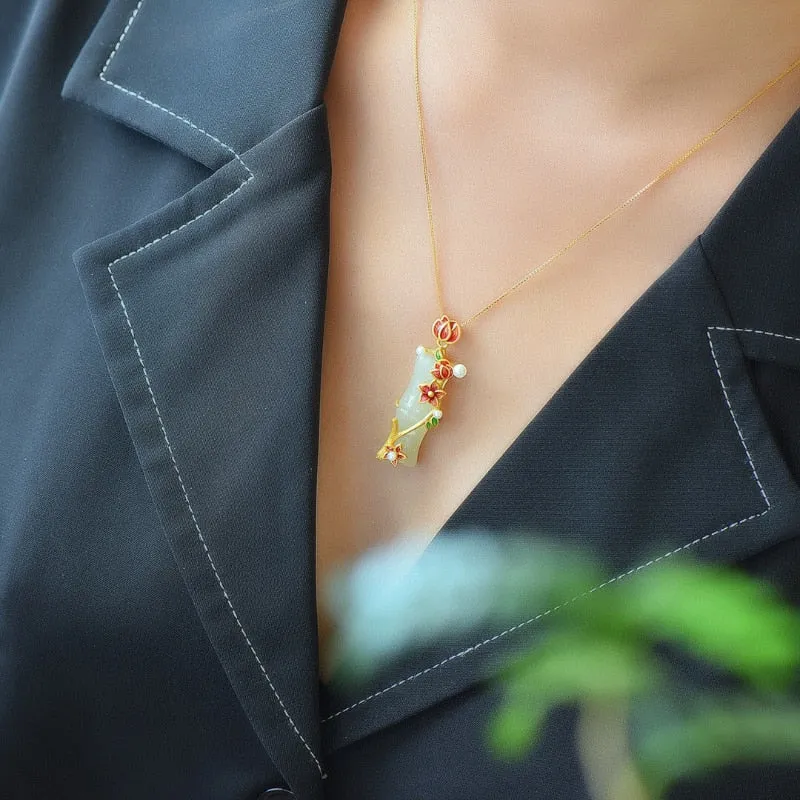 Ancient gold craft Vintage necklaces natural Hetian jade plum blossom bamboo pendant