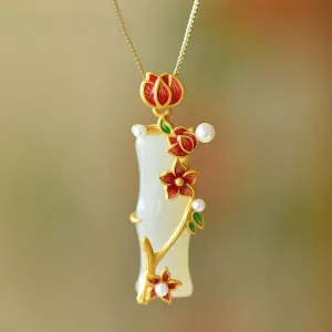 Ancient gold craft Vintage necklaces natural Hetian jade plum blossom bamboo pendant