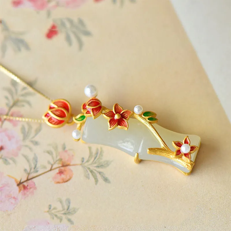 Ancient gold craft Vintage necklaces natural Hetian jade plum blossom bamboo pendant