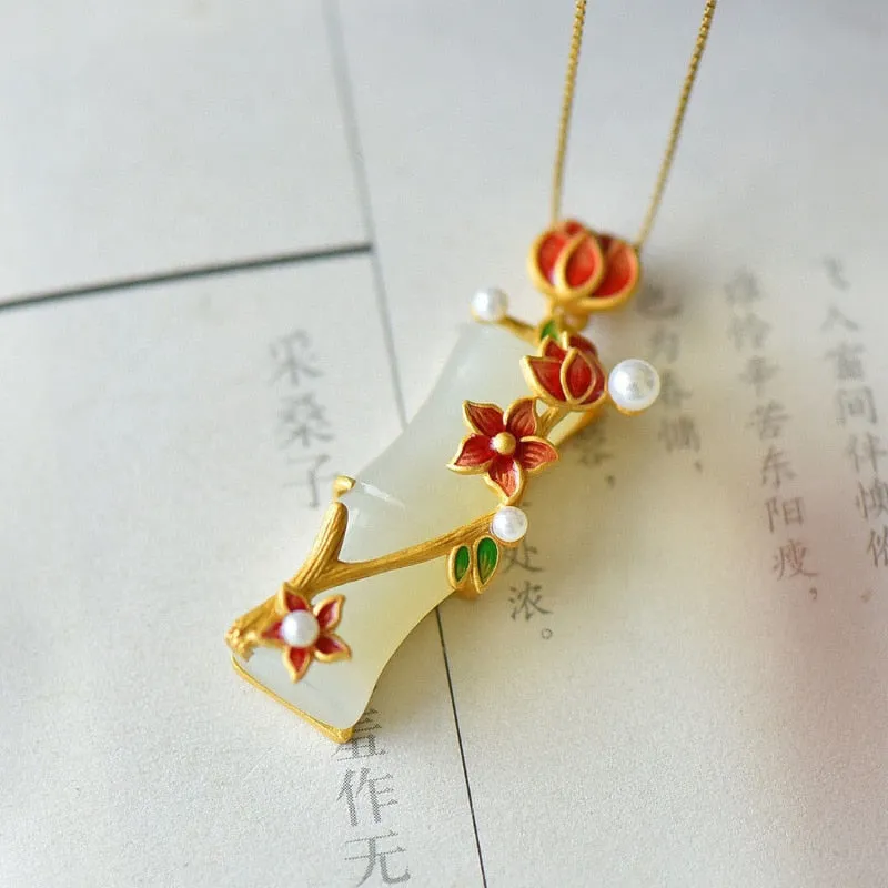 Ancient gold craft Vintage necklaces natural Hetian jade plum blossom bamboo pendant