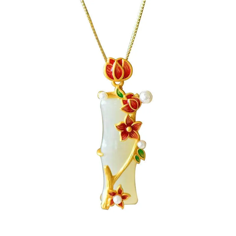 Ancient gold craft Vintage necklaces natural Hetian jade plum blossom bamboo pendant