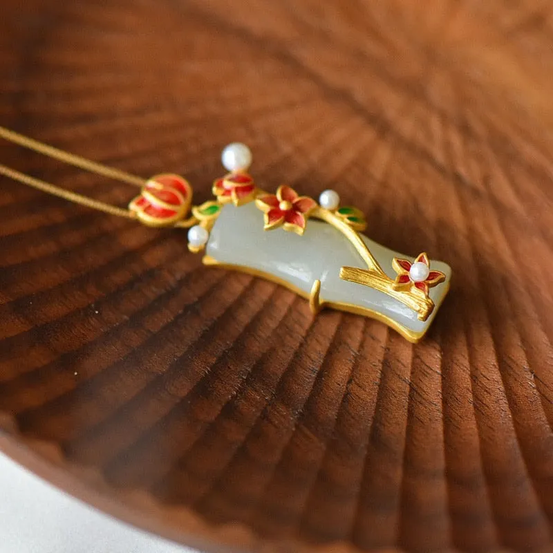Ancient gold craft Vintage necklaces natural Hetian jade plum blossom bamboo pendant