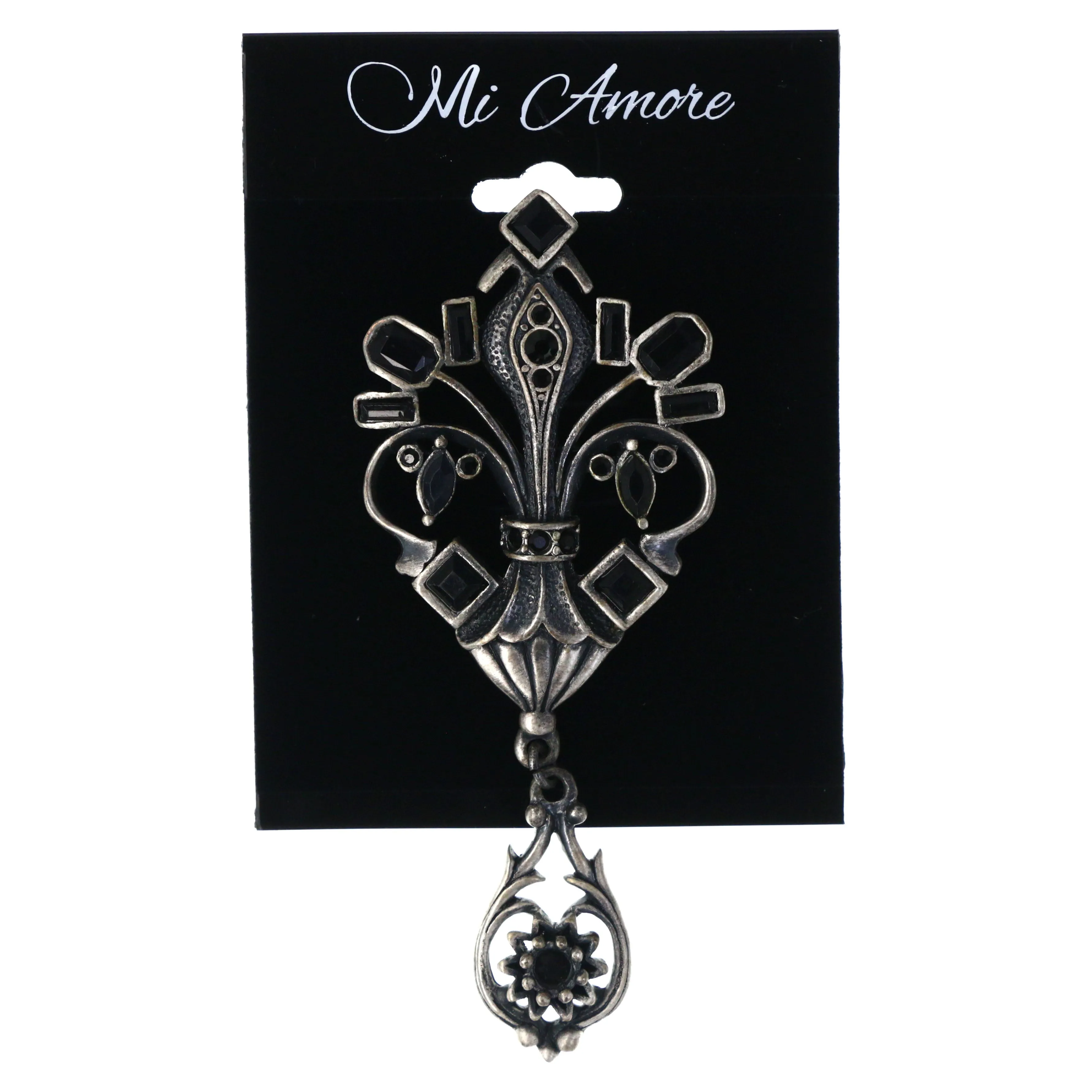 Antiqued Fleur De Lis Brooch-Pin w/ Faceted Accents Silver-Tone & Black Colored