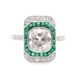 Art Deco GIA 2.11 Carat Old Mine Cut Diamond Emerald Platinum Engagement Ring