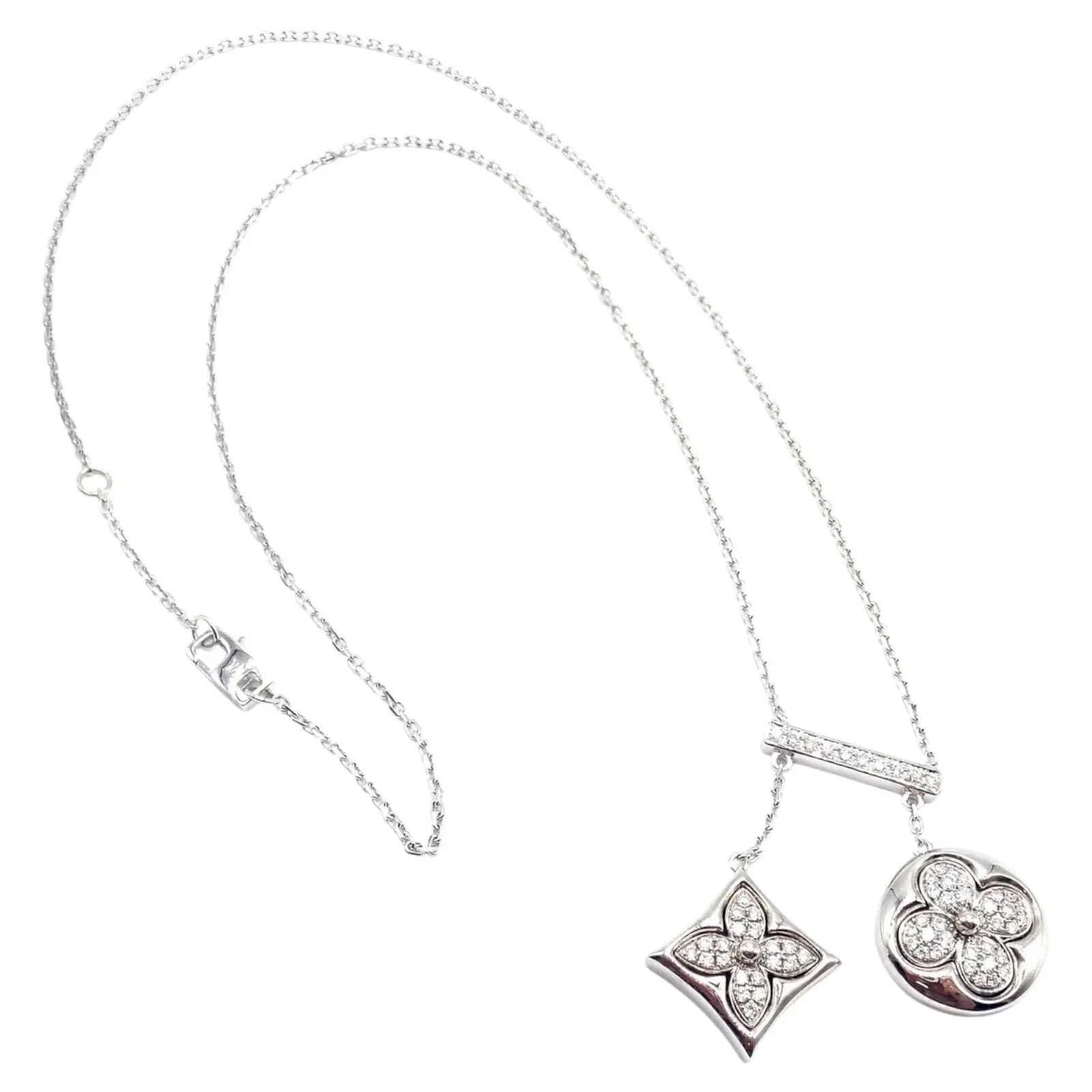 Authentic! Louis Vuitton Blossom 18k White Gold Diamond Link Pendant Necklace
