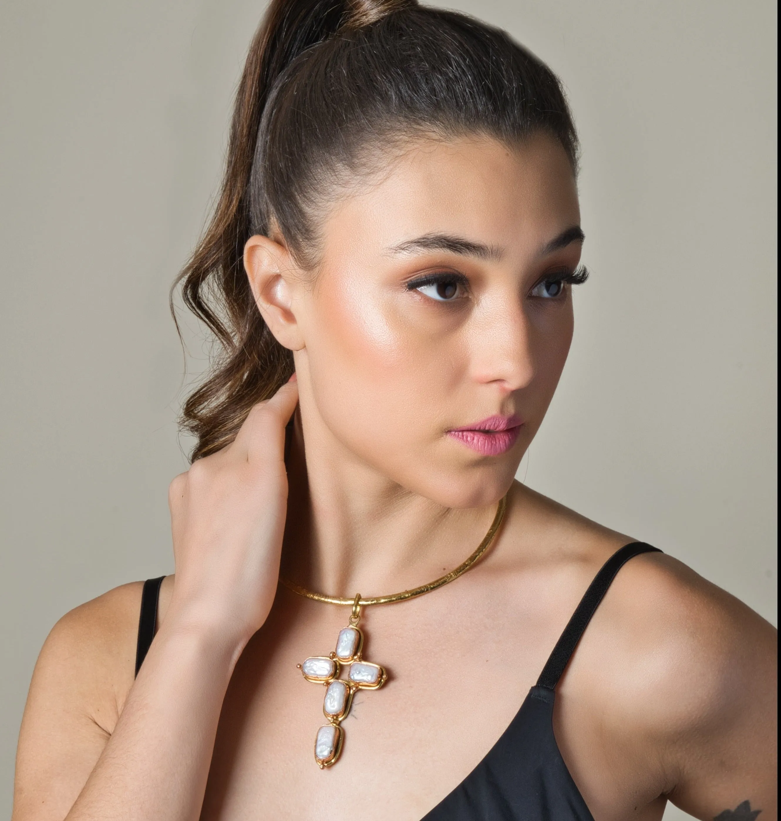 Baroque Pearl Cross Gold Plated Necklace - Adjustable