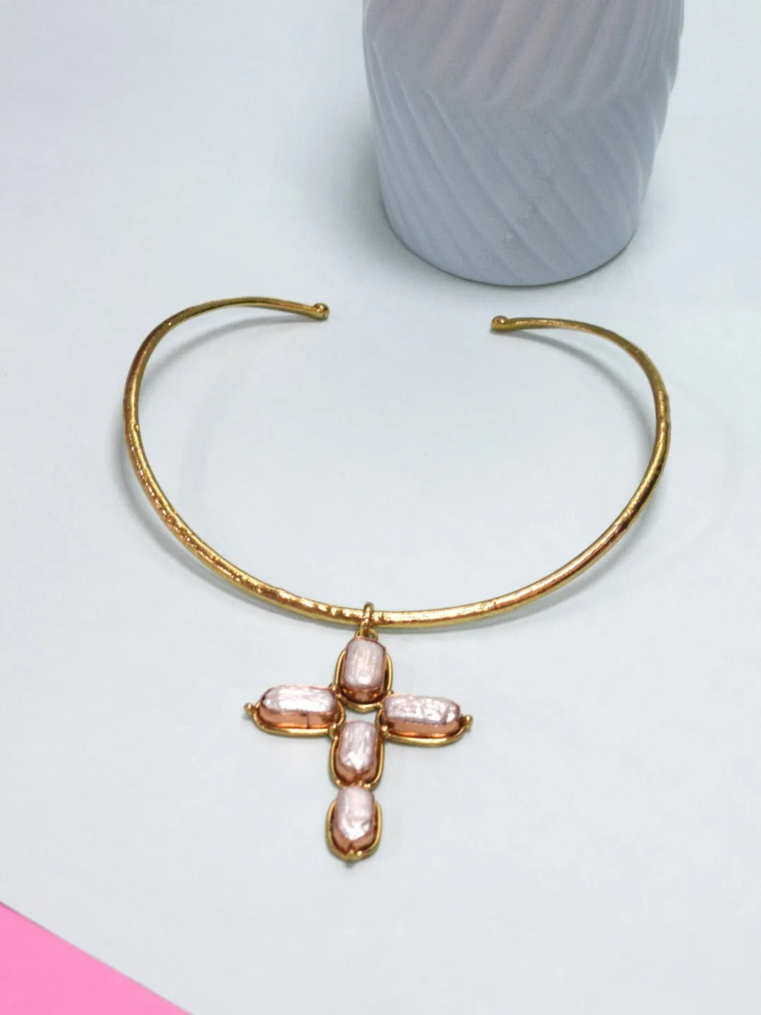 Baroque Pearl Cross Gold Plated Necklace - Adjustable