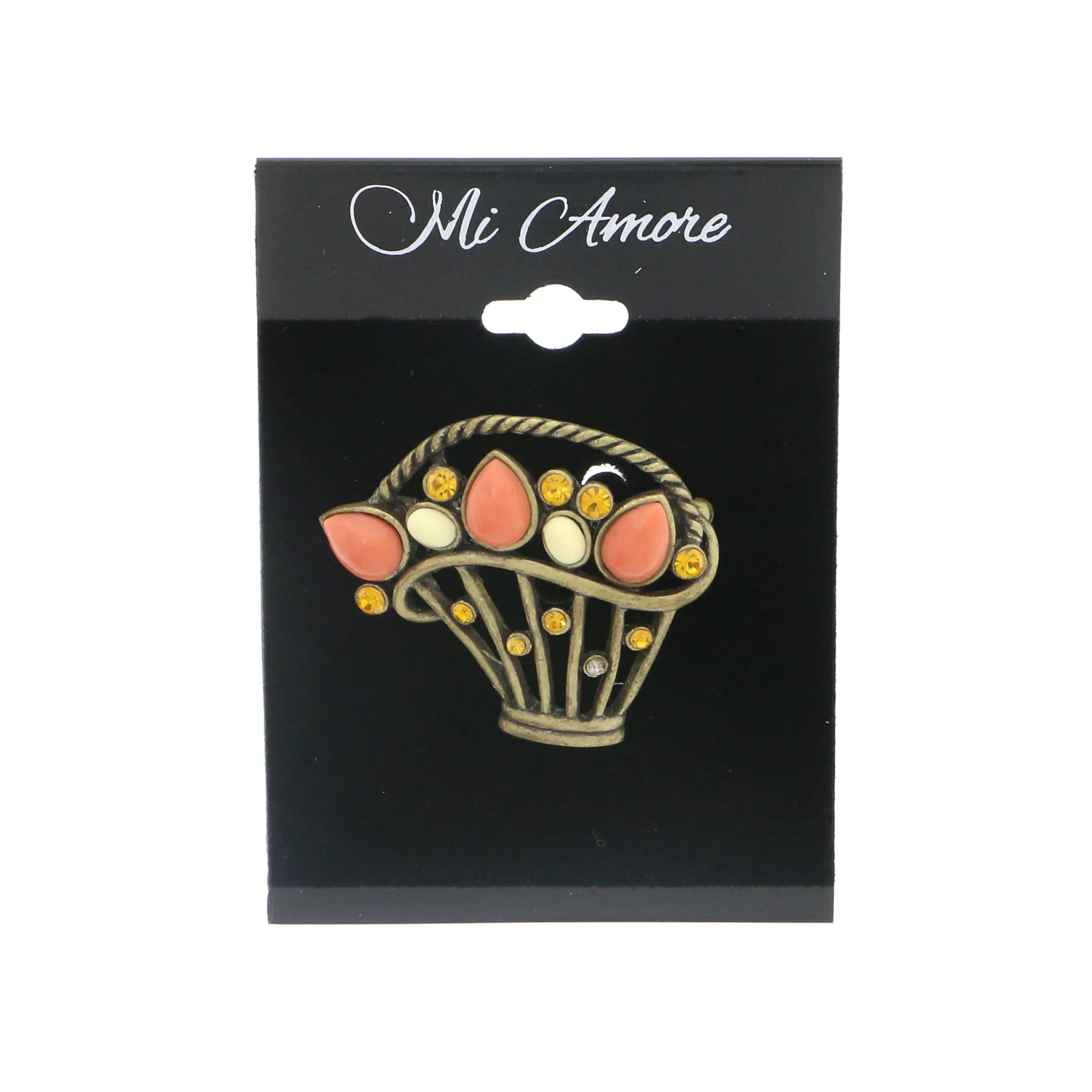 Basket Brooch-Pin With Crystal Accents Brass-Tone & Multi Colored #LQP1130