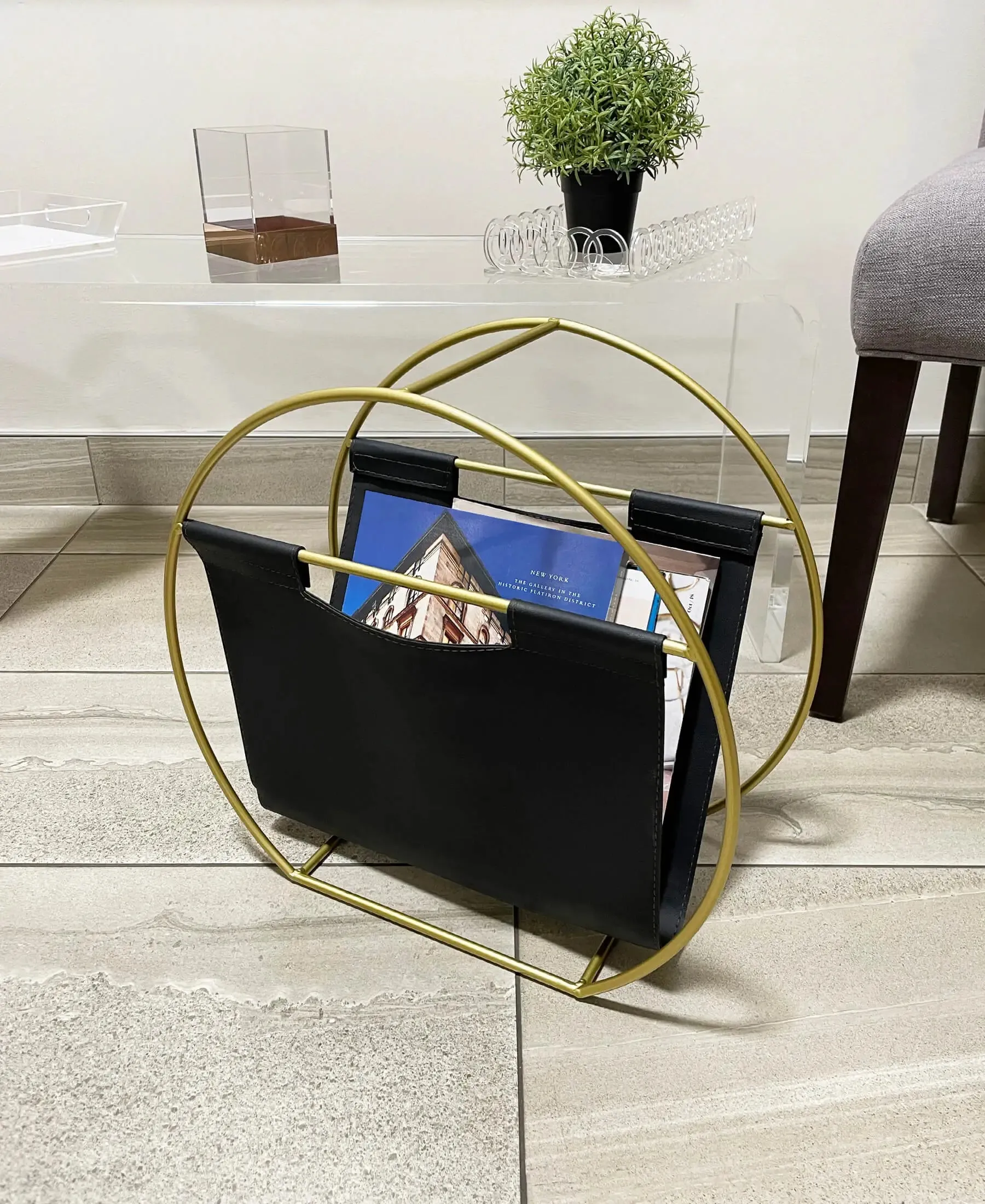 Becki Owens Leather Magazine Holder in Gold-Color Frame