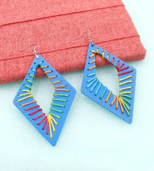 BESHEEK Marquis RAINBOW BLUE threaded Wooden Earrings | Hypoallergenic Boho Beach Gala Wedding Style Fashion Earrings