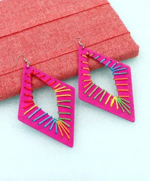 BESHEEK Marquis RAINBOW FUSCIA threaded Wooden Earrings | Hypoallergenic Boho Beach Gala Wedding Style Fashion Earrings
