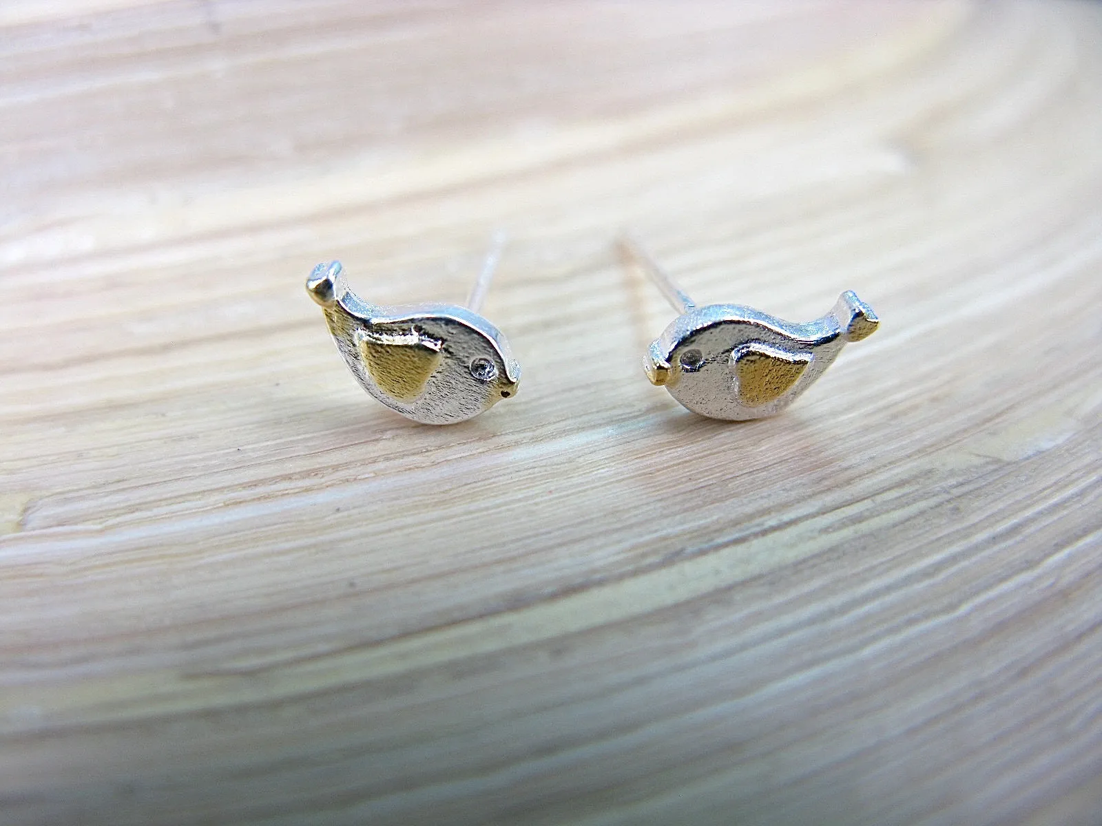 Bird Two Tone Gold Plated 925 Sterling Silver Stud Earrings