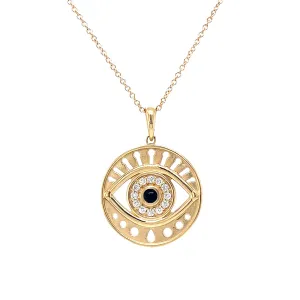 Black Onyx & Diamond Evil Eye Necklace in 14k Yellow Gold