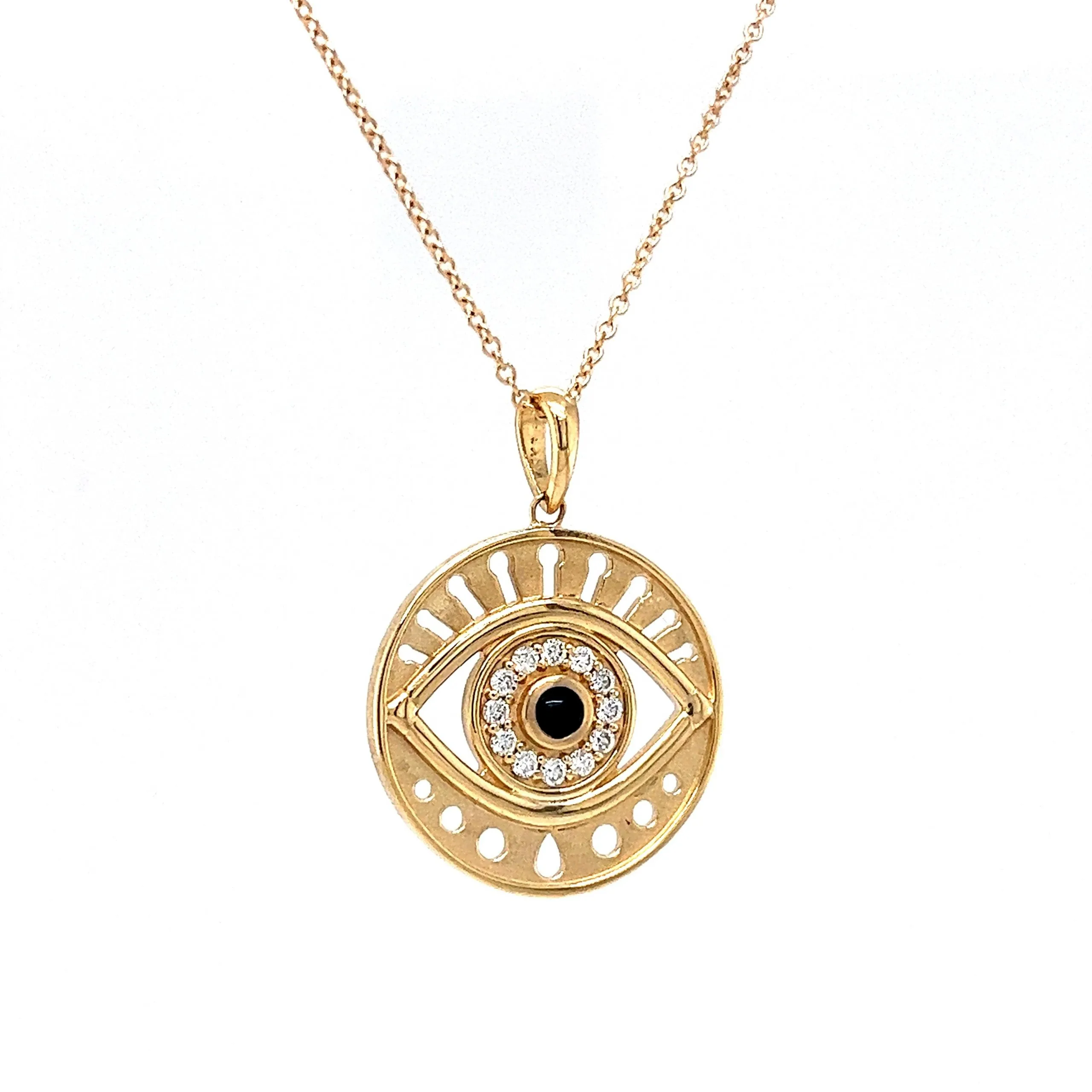Black Onyx & Diamond Evil Eye Necklace in 14k Yellow Gold