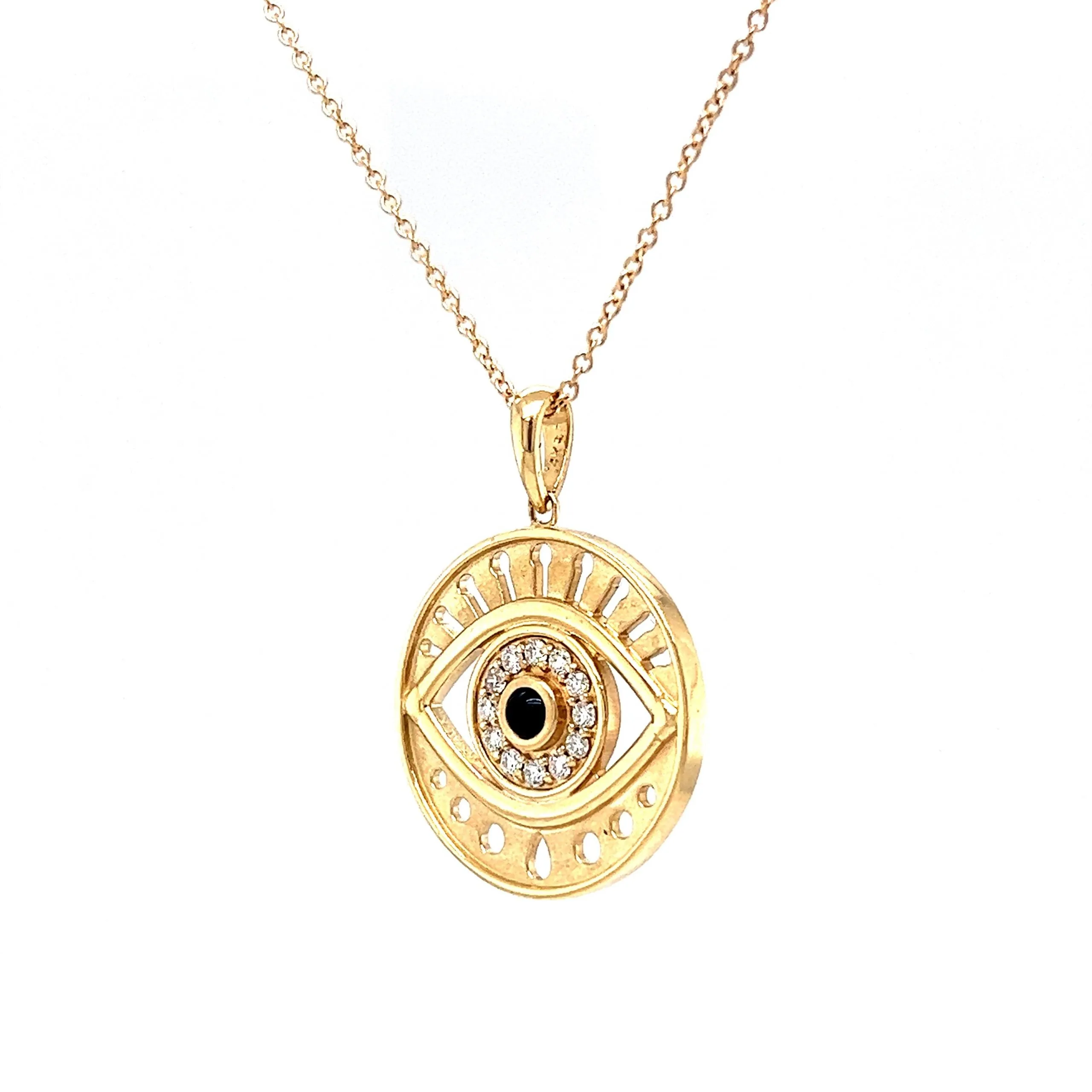 Black Onyx & Diamond Evil Eye Necklace in 14k Yellow Gold