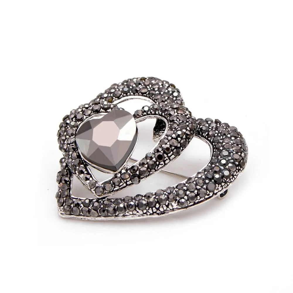 Black Rhinestone Heart Brooches for Women
