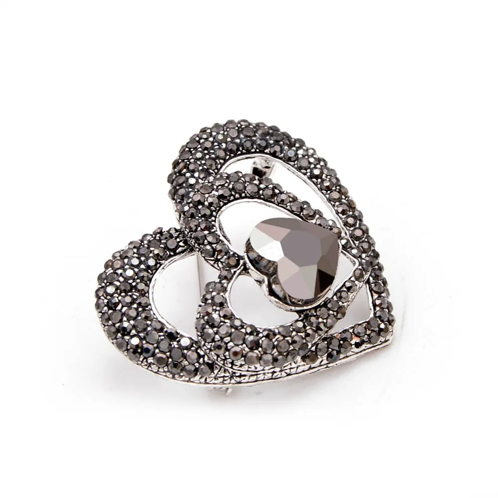 Black Rhinestone Heart Brooches for Women