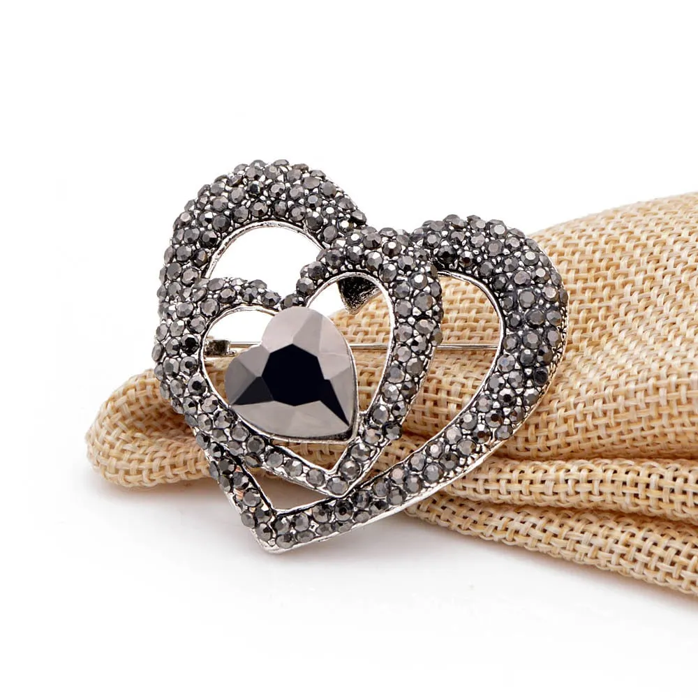 Black Rhinestone Heart Brooches for Women
