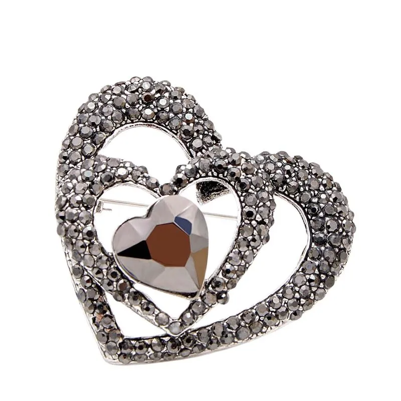 Black Rhinestone Heart Brooches for Women