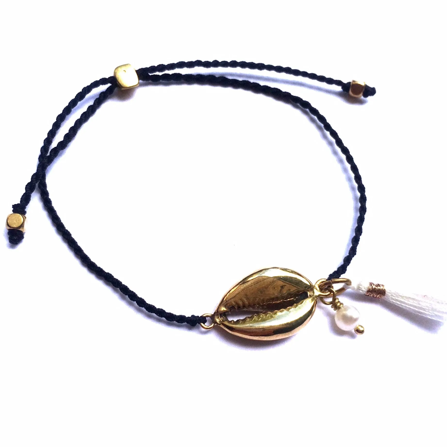 brass Cowrie Shell charm bracelet with Pearl