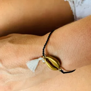 brass Cowrie Shell charm bracelet with Pearl