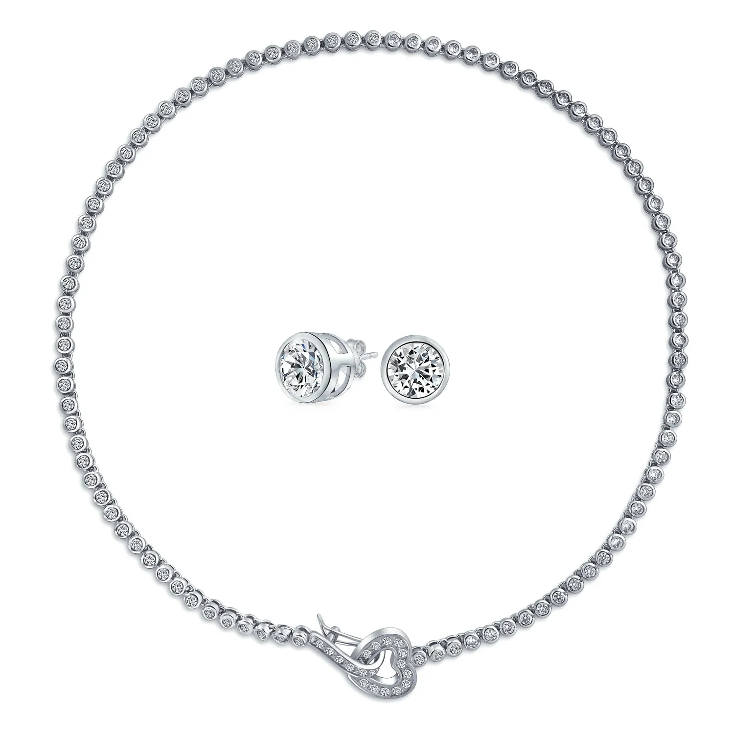 Bridal Jewelry Set CZ Bezel Tennis Heart Clasp Collar Necklace and Stud Earrings